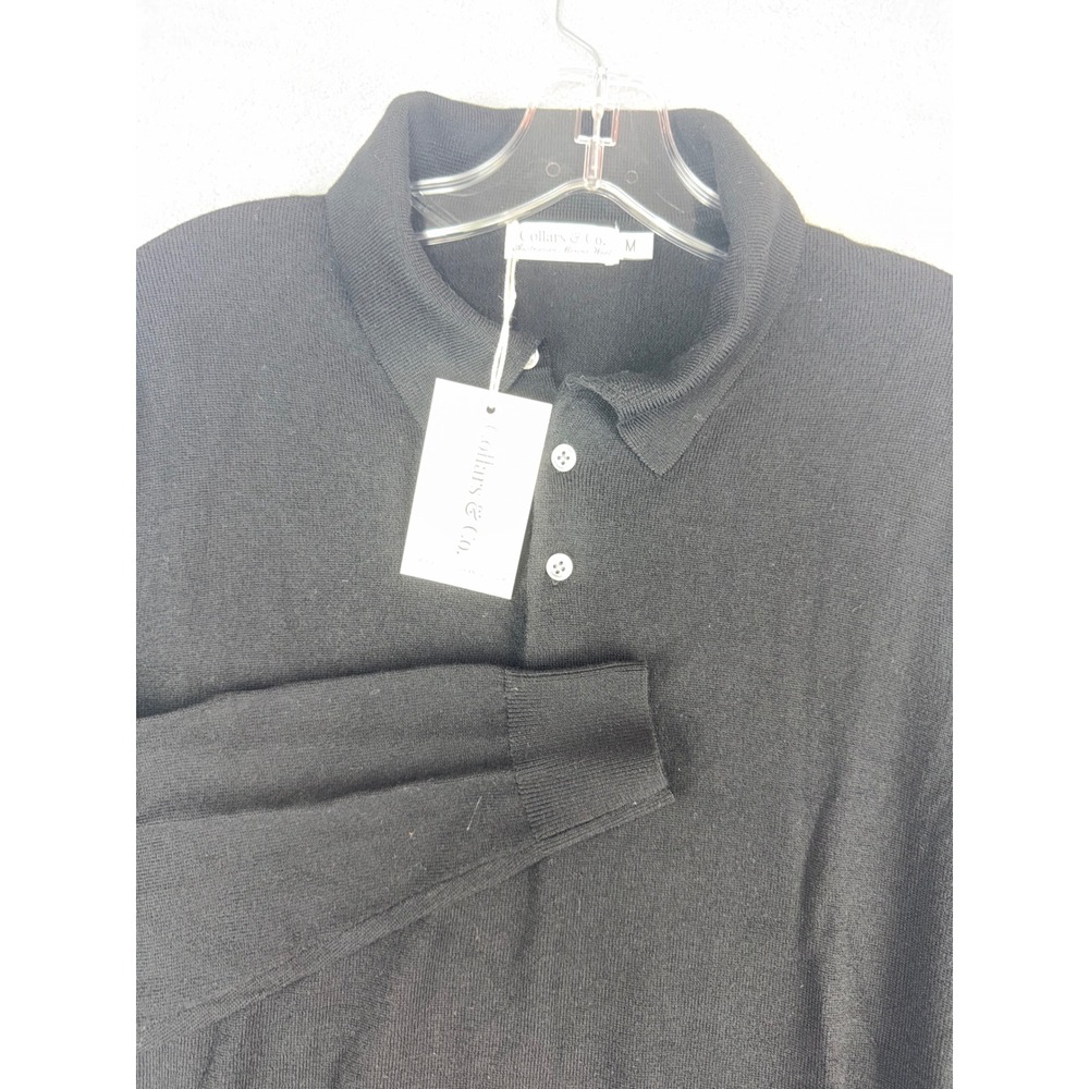 Collars & Co Mens Black Australian Merino Wool Long Sleeve Polo Sweater Size M